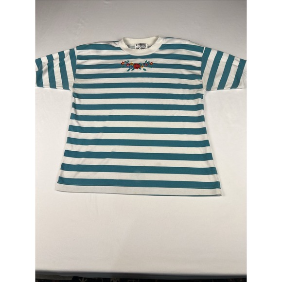 Exclusive Imports Tops - Vintage Exclusive Imports Teal White Striped Floral Embroidered T-Shirt Womens M